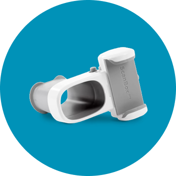 Dental inhaler device with white and gray components on blue circular background