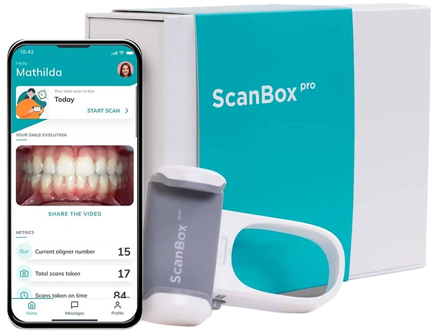 ScanBox Pro dental scanner with smartphone app interface and packaging displayed together.