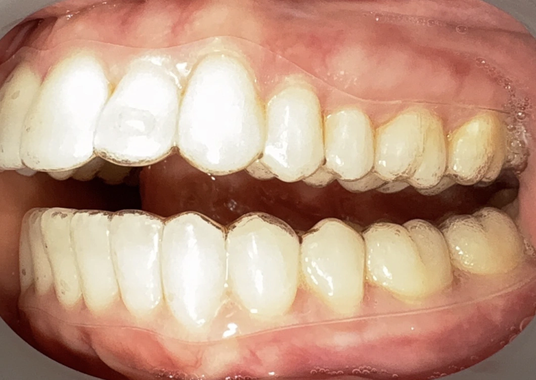 Close-up of upper and lower teeth showing dental alignment and tooth color in clinical setting.